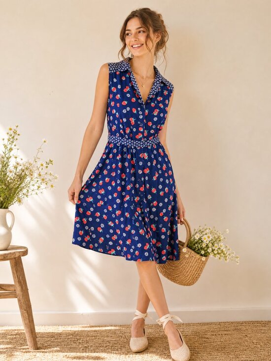 H by Holland Dresses & Skirts - Vintage Retro Strawberry Print Midi Collared Dress Blue Daisy Cottagecore Summer